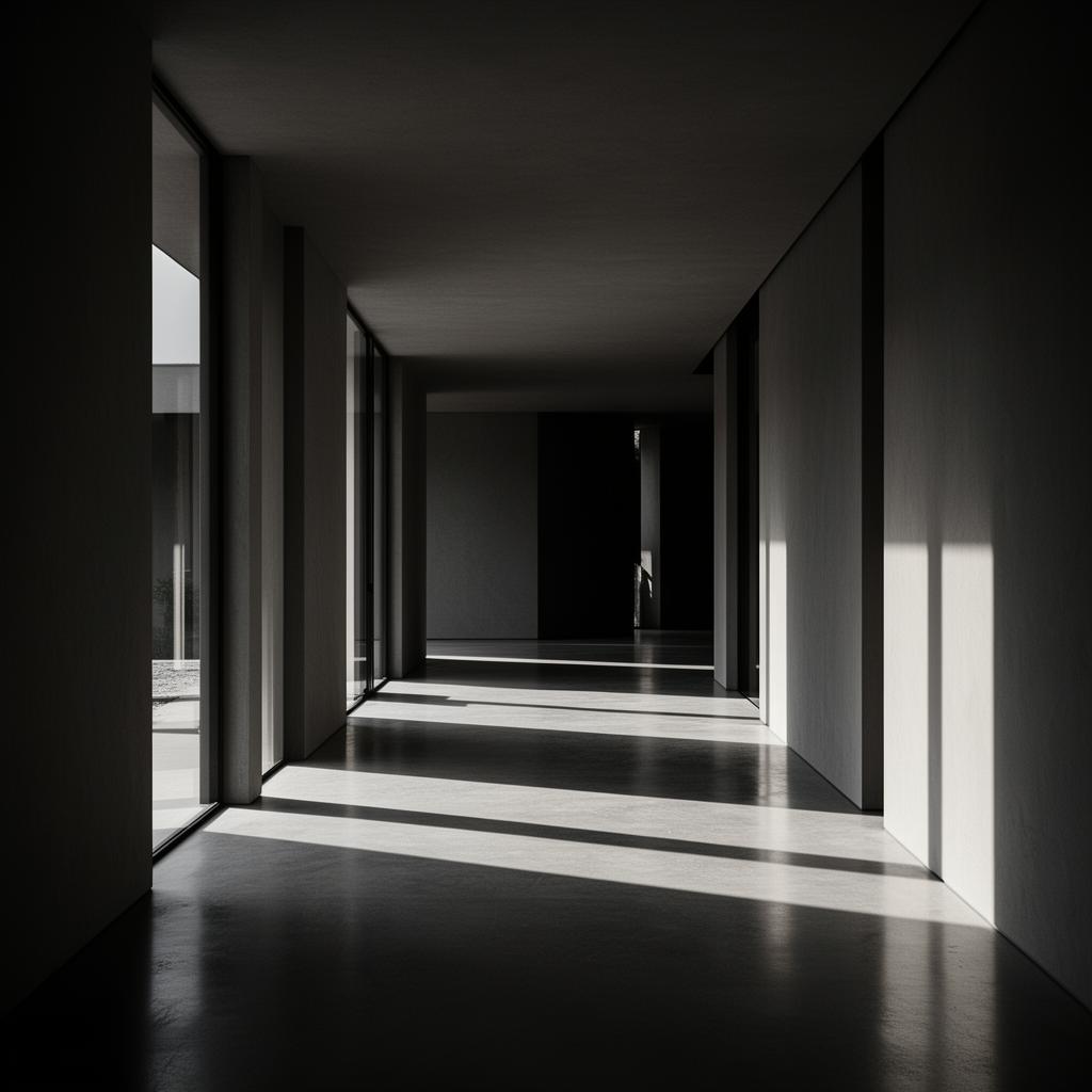 Minimalist architectural interior with dramatic light and shadow